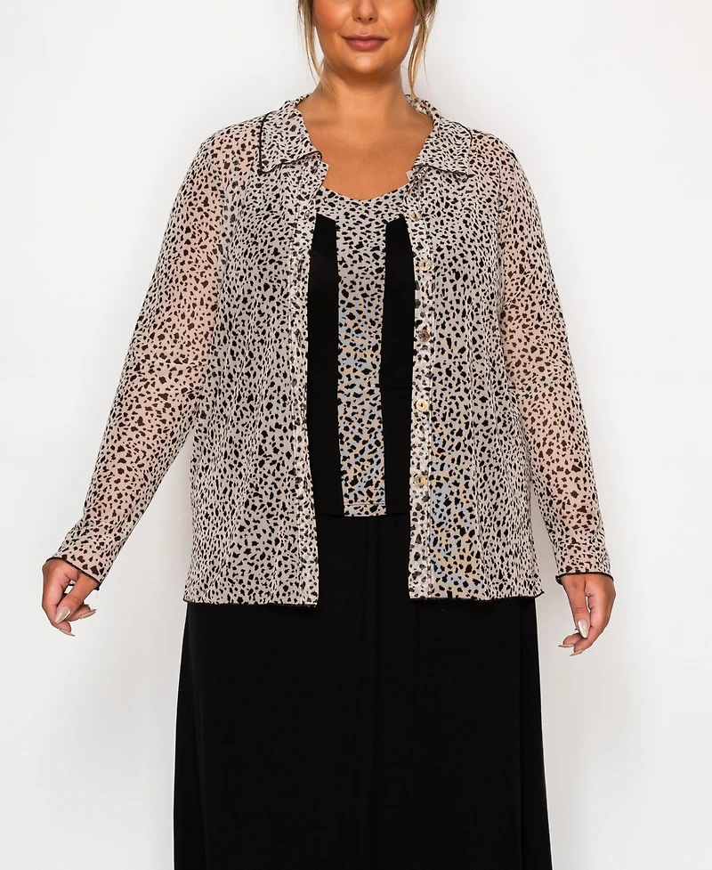Coin 1804 Plus Leopard Mesh Button Front Long Sleeve Top