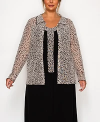 Coin 1804 Plus Leopard Mesh Button Front Long Sleeve Top