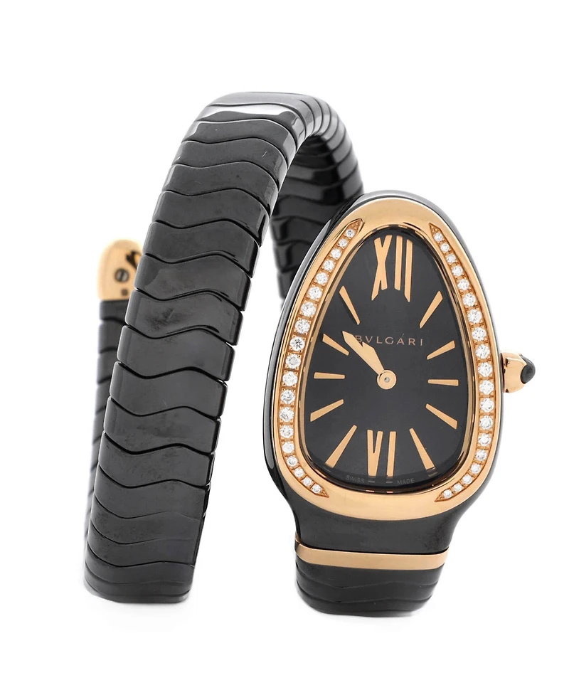 Pre-Owned Bvlgari Serpenti Spiga Single Spiral Quartz Watch in Ceramic and Rose Gold with Diamond Bezel 23mm