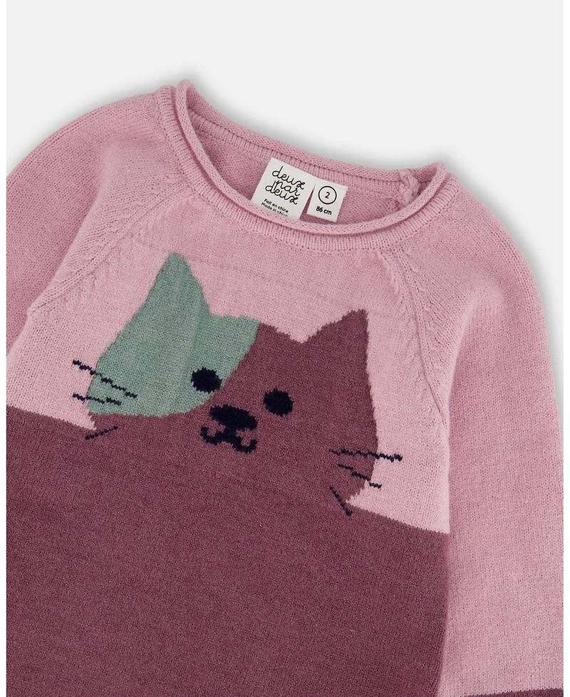 Deux par Baby Girl Knitted Dress Dusty Pink with Cat