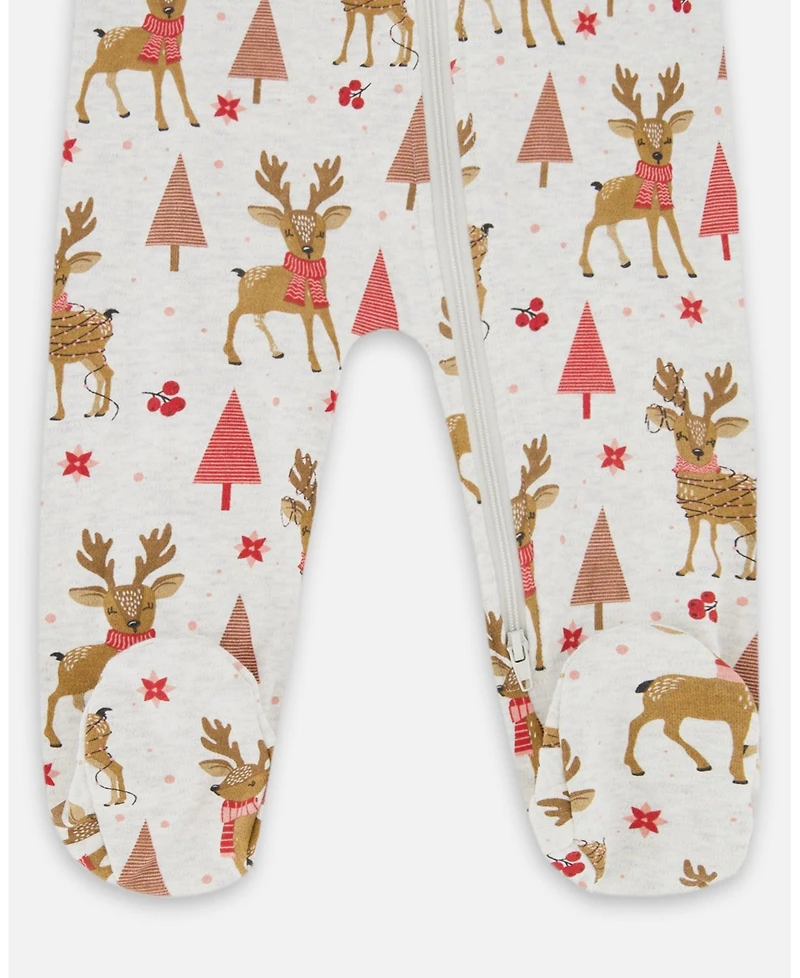 Deux par Baby Girl One-Piece Cotton Pajama Beige Girly Reindeer Print