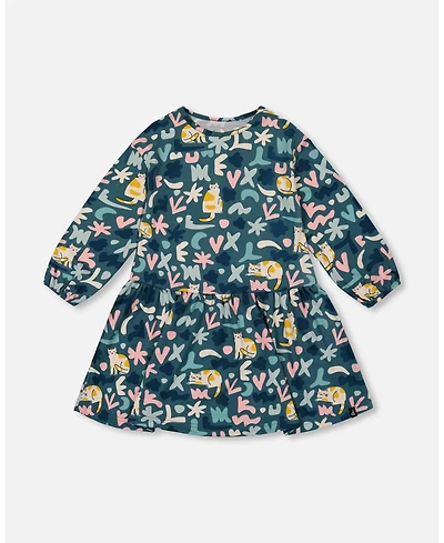 Deux par Big Girls Jersey Dress Green Cat Print