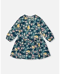Deux par Big Girls Jersey Dress Green Cat Print