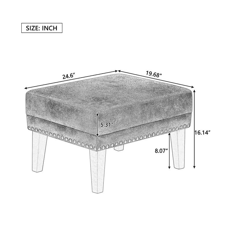 The Pop Home Vintage Upholstered Ottoman with Nailhead Trim, Distressed Brown Footstool with Solid Wood Legs-The Pop Home