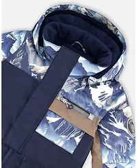 Deux par Toddler Boys One-Piece Play Snowsuit with Mountains Print Navy Blue - Toddler|Child