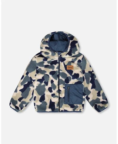 Deux par Kids Unisex Reversible Mid-Season Sherpa Jacket Blue Camo