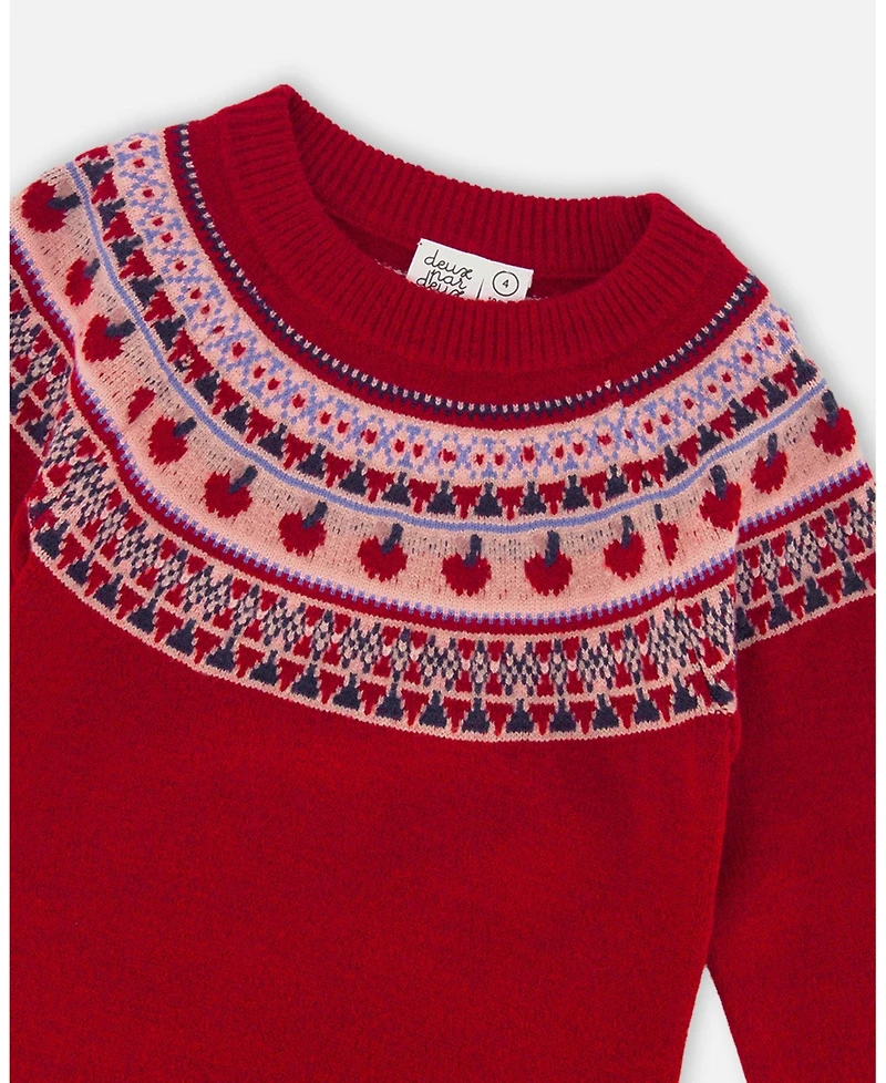 Deux par Toddler Girls Knit Dress Red with Apple Jacquard Yoke - Toddler|Child