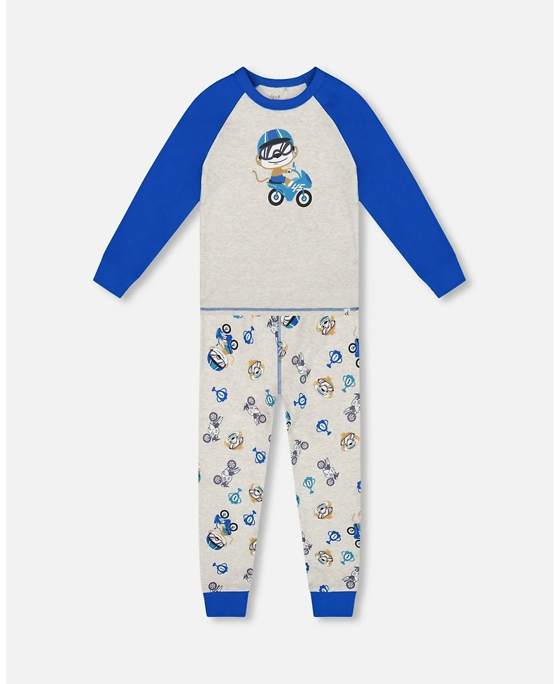 Deux par Baby Boys Two-Piece Cotton Pajama Set Beige Monkey Print