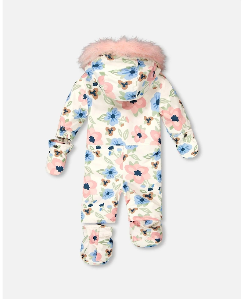 Deux par Baby Girl One-Piece Play Snowsuit Designed for Car Seat Off-White Flower Print - Baby|Toddler