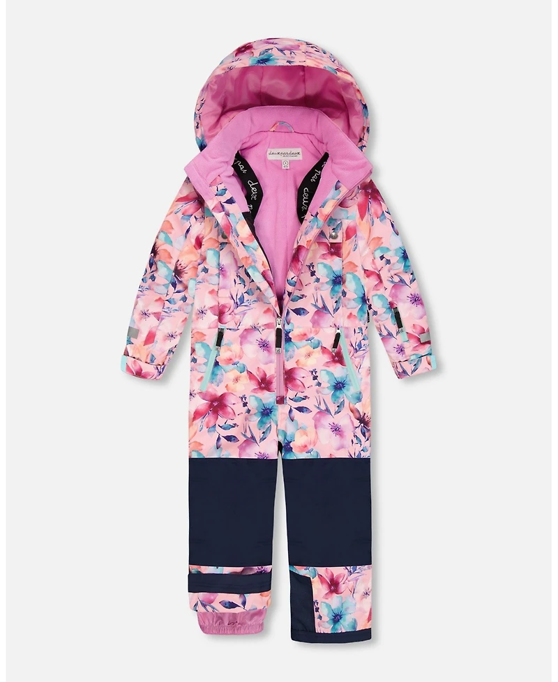 Deux par Big Girls One-Piece Teknik Snowsuit Pink Watercolor Flower Print