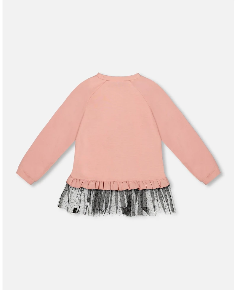 Deux par Girl Long Bi-Material Top Dusty Pink with Mesh Ruffle Hem and Leopard Print - Toddler|Child
