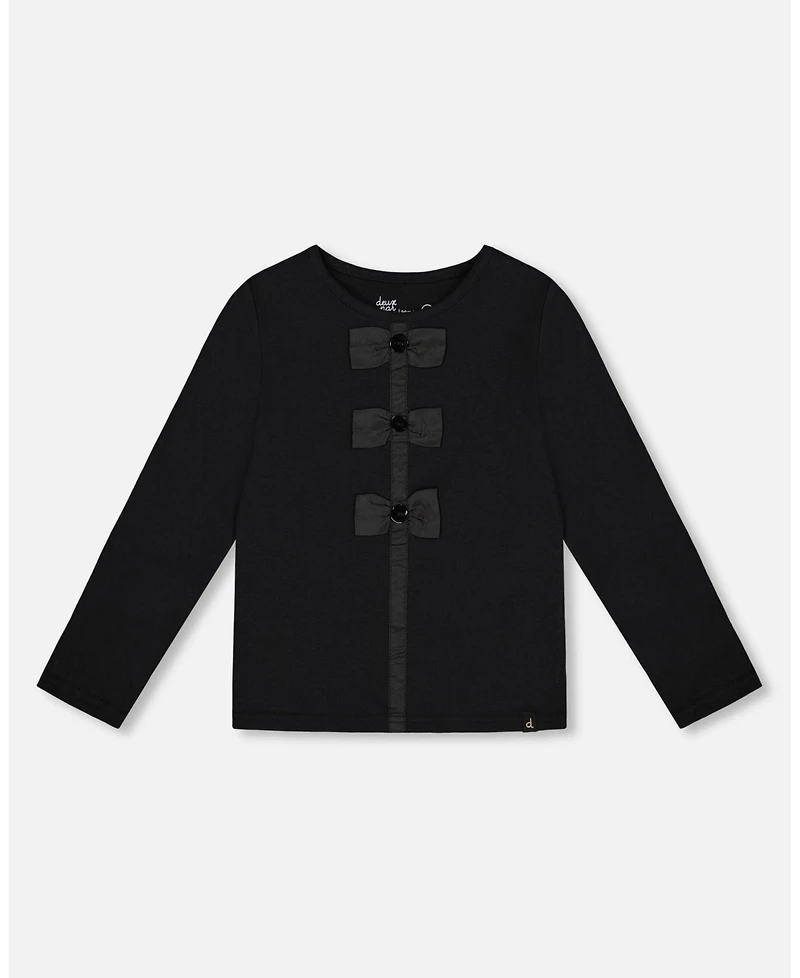 Deux par Girl Long Sleeve Cotton Jersey Bow Tee Black