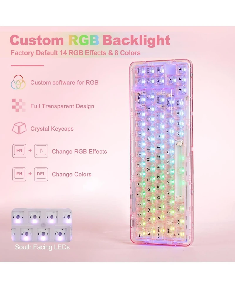 Yunzii X71 Wireless Hot Swappable Transparent Mechanical Keyboard, 68% Layout, BT5.0/2.4G/Usb-c Gasket Mount Rgb Backlit for Windows/Mac