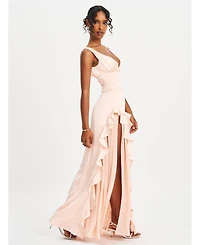Miss Circle Women Talyssa Baby Pink Ruched Waist Double High Slit Maxi Gown