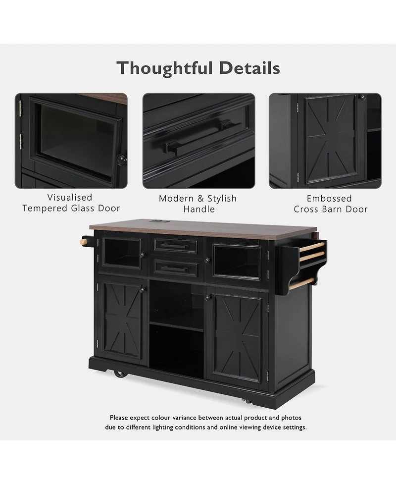 Casainc 54.9" Kitchen Island with Drop Leaf, Power Outlet, Storage Cart Glass & Barn Doors, 4 Shelves&Wheels (No Stools)