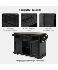 Casainc 54.9" Kitchen Island with Drop Leaf, Power Outlet, Storage Cart Glass & Barn Doors, 4 Shelves&Wheels (No Stools)