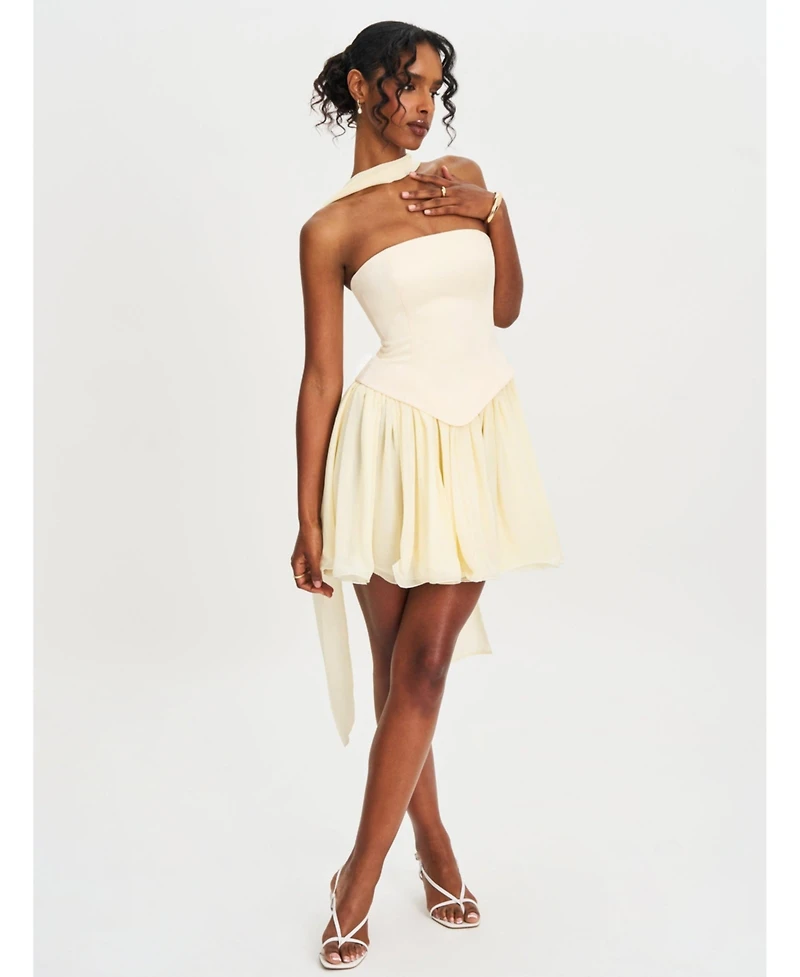 Miss Circle Women's Valentina Butter Yellow Boned Curve Edge Peplum Mini Dress
