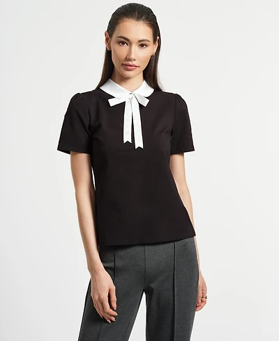 Isaac Mizrahi Women's Satin Bow Neck Peter Pan T-Shirt