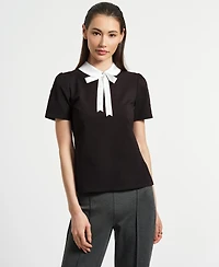 Isaac Mizrahi Women's Satin Bow Neck Peter Pan T-Shirt