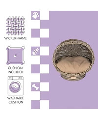Socket Dome 19.5" x 17" Bohemian Handwoven Rattan Pet Bed with Machine-Washable Cushion, Kubu Gray