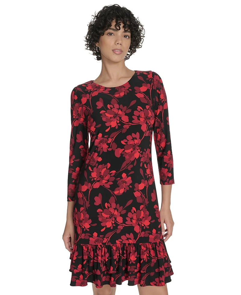 Tommy Hilfiger Petite 3/4-Sleeve Ruffle-Hem Shift Dress