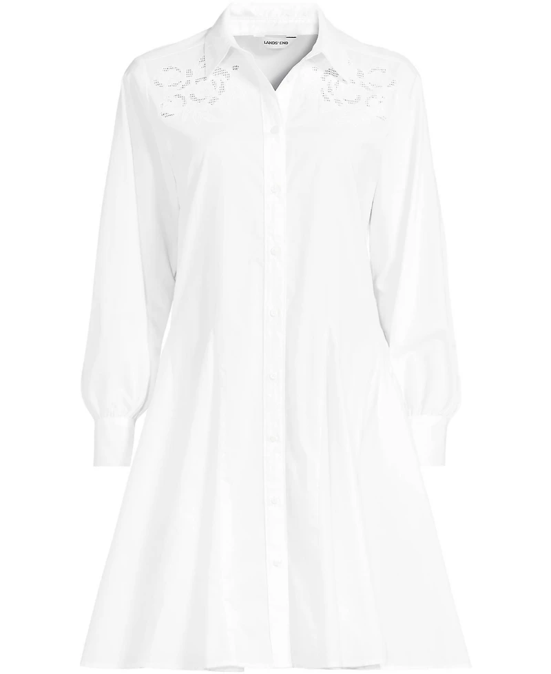 Lands' End Women's Embroidered Poplin Button Front Dress with Godets