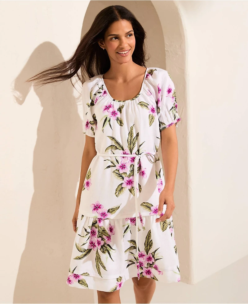 Lands' End Women's Puff Sleeve Pleated Linen Knee Length Dress