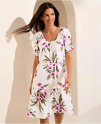 Lands' End Women's Puff Sleeve Pleated Linen Knee Length Dress