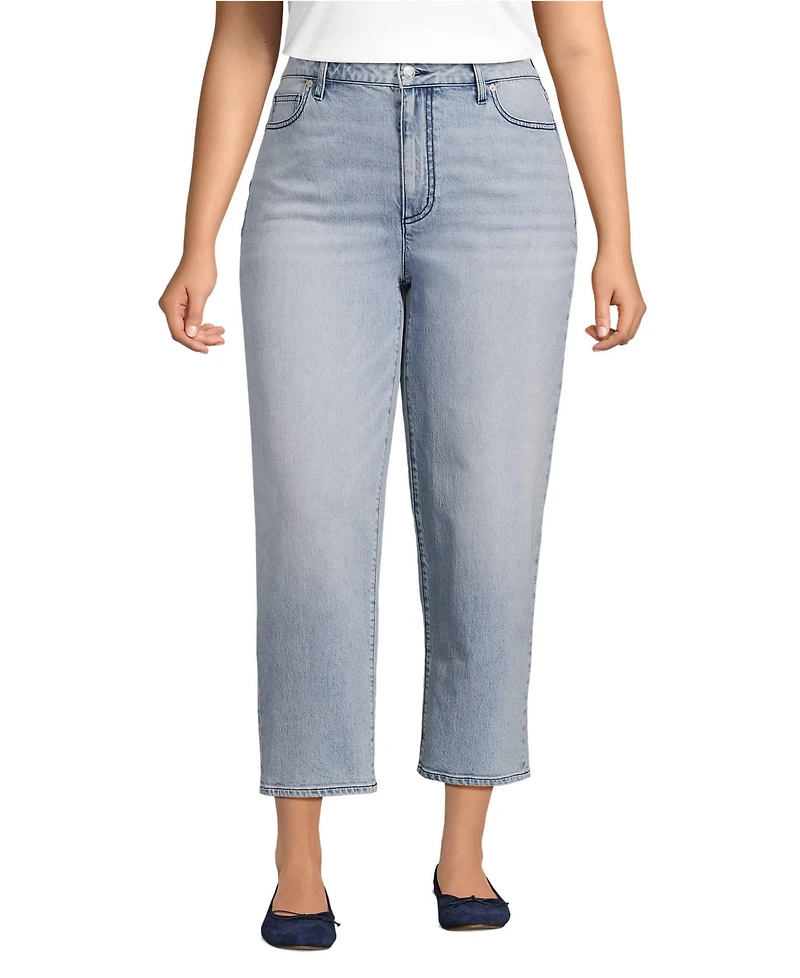 Lands' End Women's Plus Soft Denim Mid Rise Relaxed Straight Crop Jeans