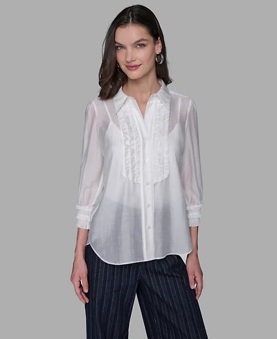 Karl Lagerfeld Paris Women's Ruffle Button Woven Collar Neck Top