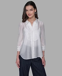 Karl Lagerfeld Paris Women's Ruffle Button Woven Collar Neck Top