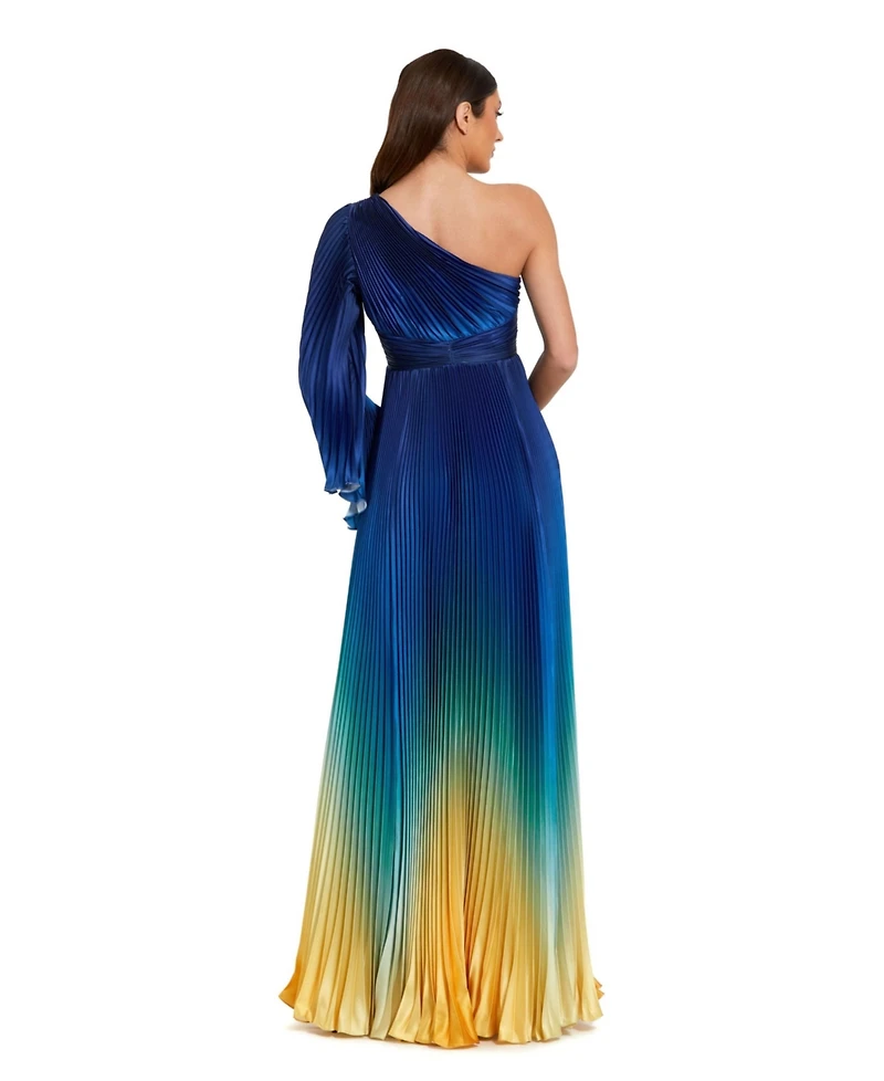 Mac Duggal Women's Pleated Charmeuse One Long Flare Sleeve Gown