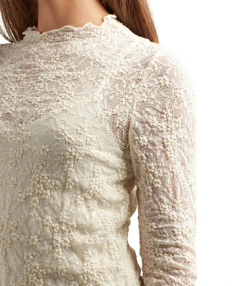 Bcx Juniors Patchwork Mock-Neck Long-Sleeve Lace Top
