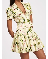 Miss Circle Women Zanella Green Floral Print Lace Trim Linen Top