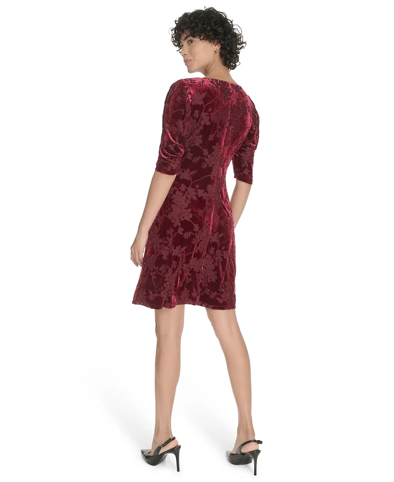 Tommy Hilfiger Women's Short Ruched Sleeve Velvet Dress