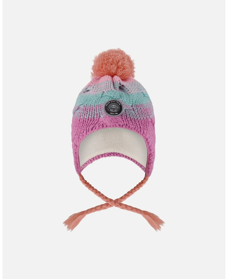 Deux par Baby Girl Lined Peruvian Knit Pompom Hat Pink, Orange and Turquoise