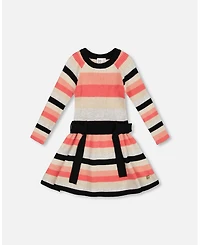 Deux par Girl Striped Knit Dress Beige Black and Pink - Toddler|Child