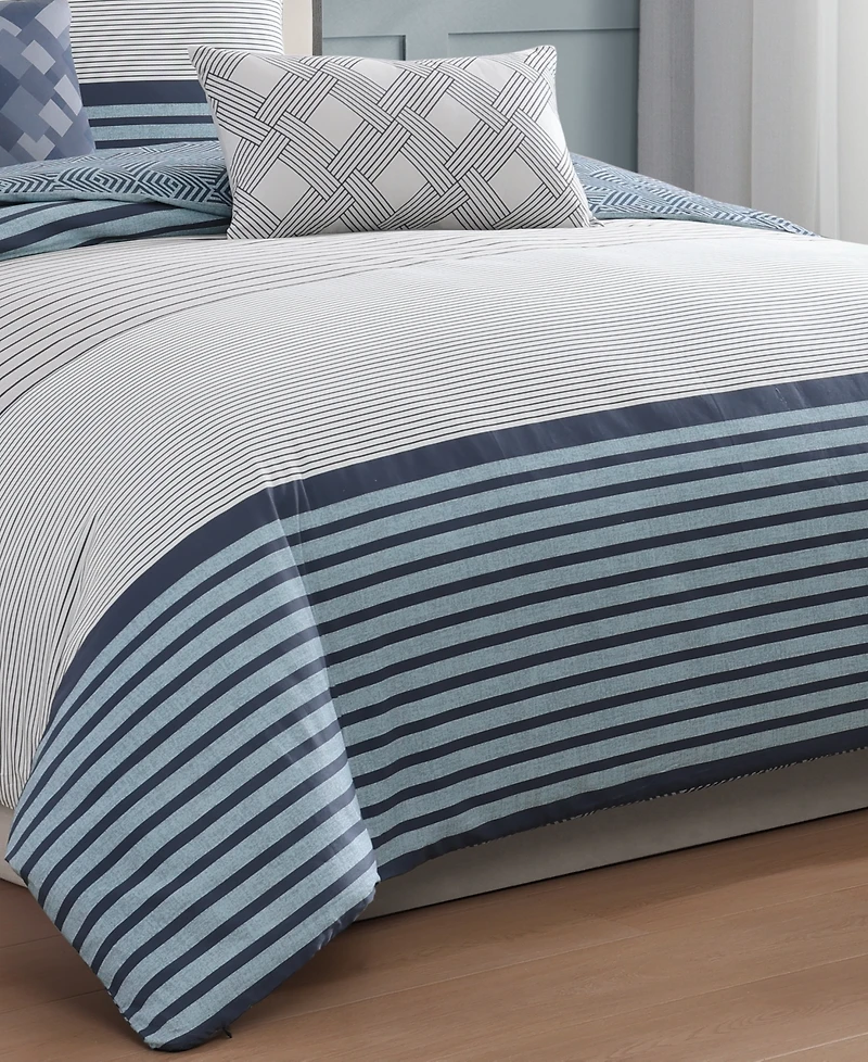 Bebejan Blue Geo Lines Bedding 100% Cotton Sateen 5 Piece King Size Reversible Comforter Set