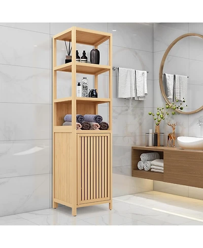 Vanirro Natural Bamboo Tall Bathroom Floor Cabinet – 64.7" H Freestanding Linen Tower with 1 Cupboard & 3 Open Shelves, Storage Organizer for Bathroom