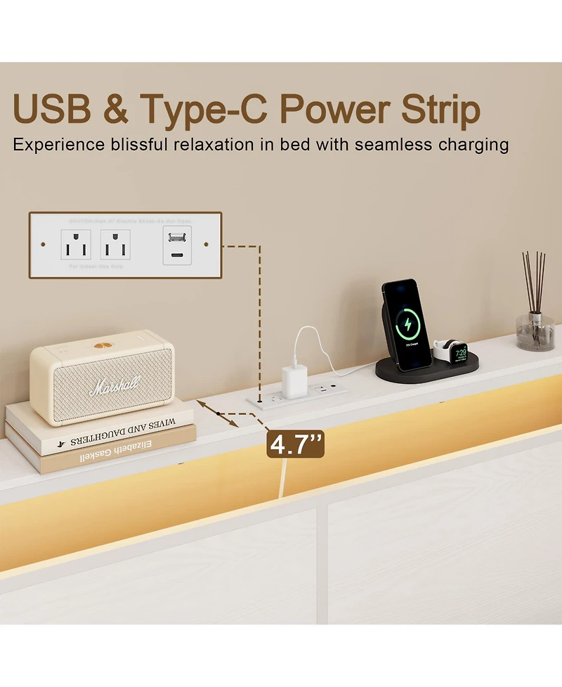 Hausource Full Bed Frame with 4 Drawers, Led Headboard & Charging Station, White Metal