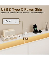 Hausource Full Bed Frame with 4 Drawers, Led Headboard & Charging Station, White Metal