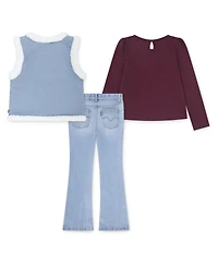 Levi's Little Girls 3-Piece Sherpa Vest, Round Neck T-Shirt, and Denim Jeans Set