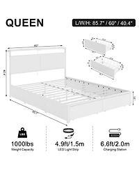 Hausource Modern Queen Size Bed Frame with 4 Storage Drawers & Led Headboard & Charging Station