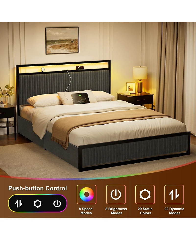 Hausource Upholstered Queen Bed Frame with 2 Storage Drawers, Led Headboard, Usb Ports, Dark Gray
