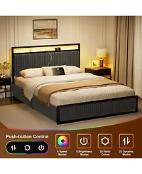 Hausource Upholstered Queen Bed Frame with 2 Storage Drawers, Led Headboard, Usb Ports, Dark Gray