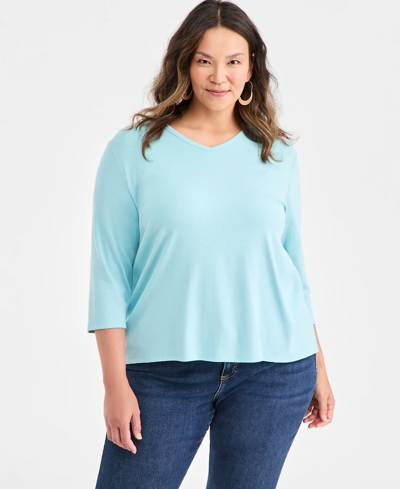 Style & Co Plus Cotton V-Neck 3/4-Sleeve Top, Exclusively at Macy's