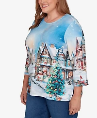 Alfred Dunner Plus Classic Embellished Snow Cabin Village Scene Crew Neck Top
