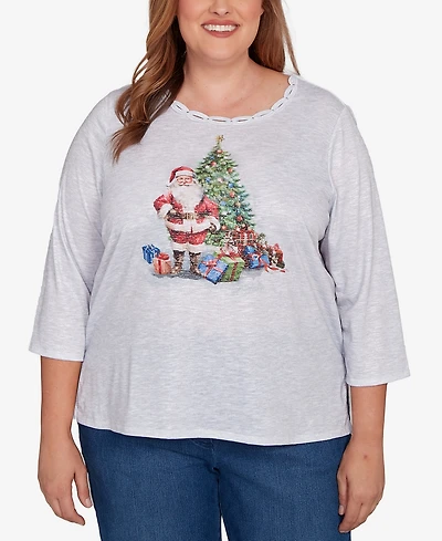 Alfred Dunner Plus Classic Santa and Tree Print Crew Neck Top