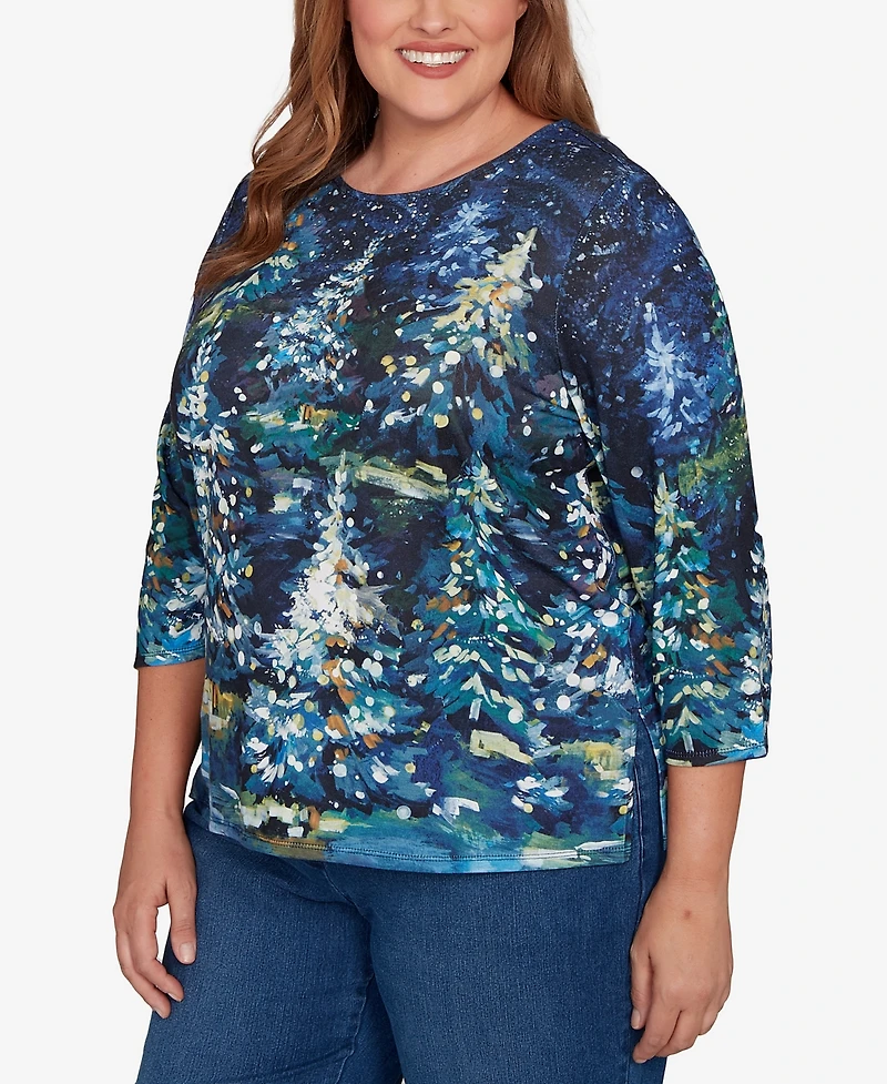 Alfred Dunner Plus Classic Starry Night Holiday Tree Crew Neck Top