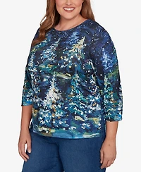 Alfred Dunner Plus Classic Starry Night Holiday Tree Crew Neck Top